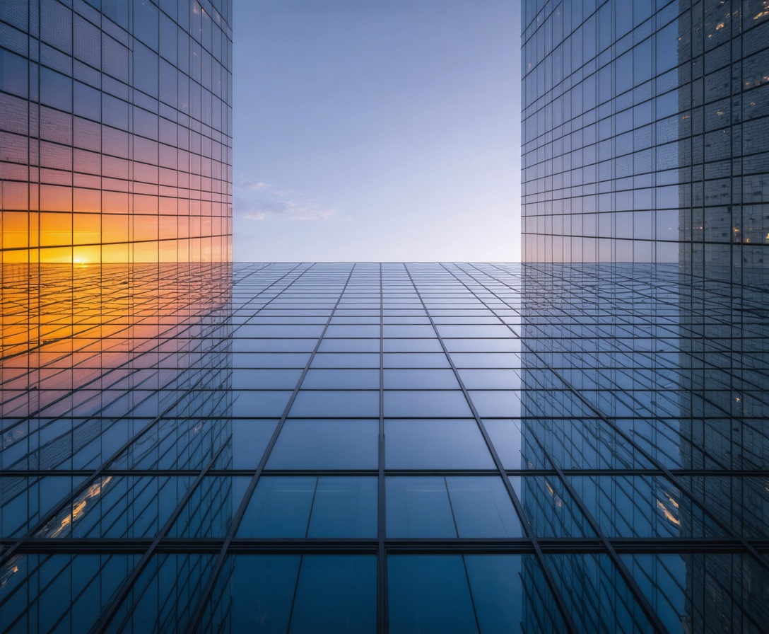 Moderná kancelárska budova v Bratislave odrážajúca západ slnka