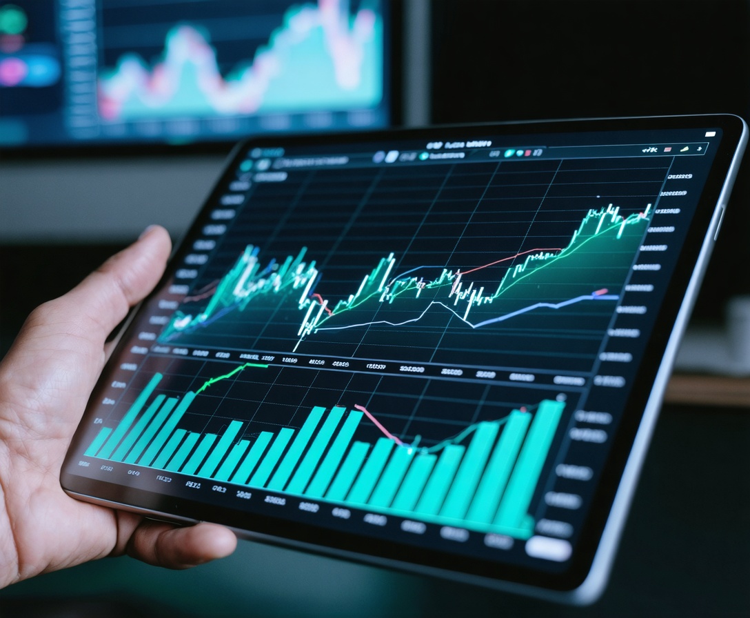 Detailný pohľad na tablet s finančnými grafmi rastu